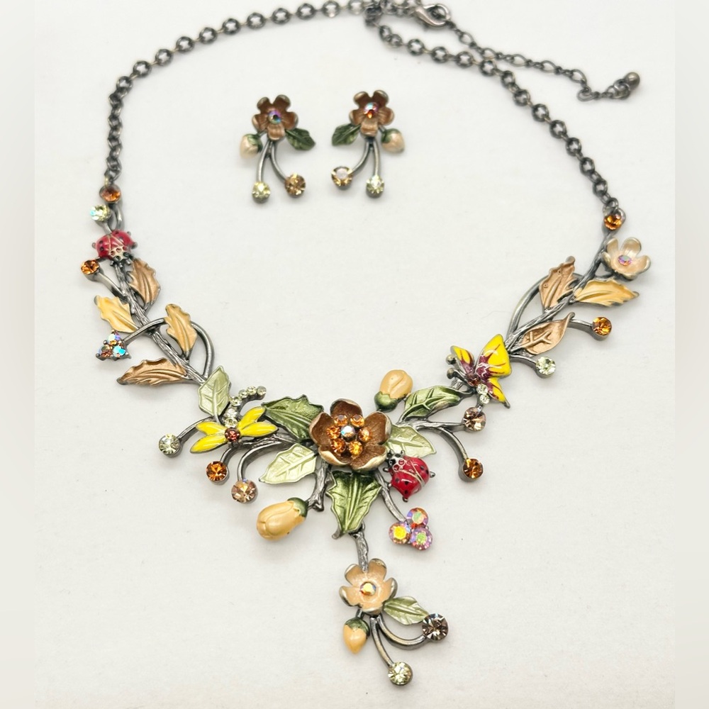 Coldwater Creek Enamel Floral Botanical Necklace Earrings Set Ladybug Leaves